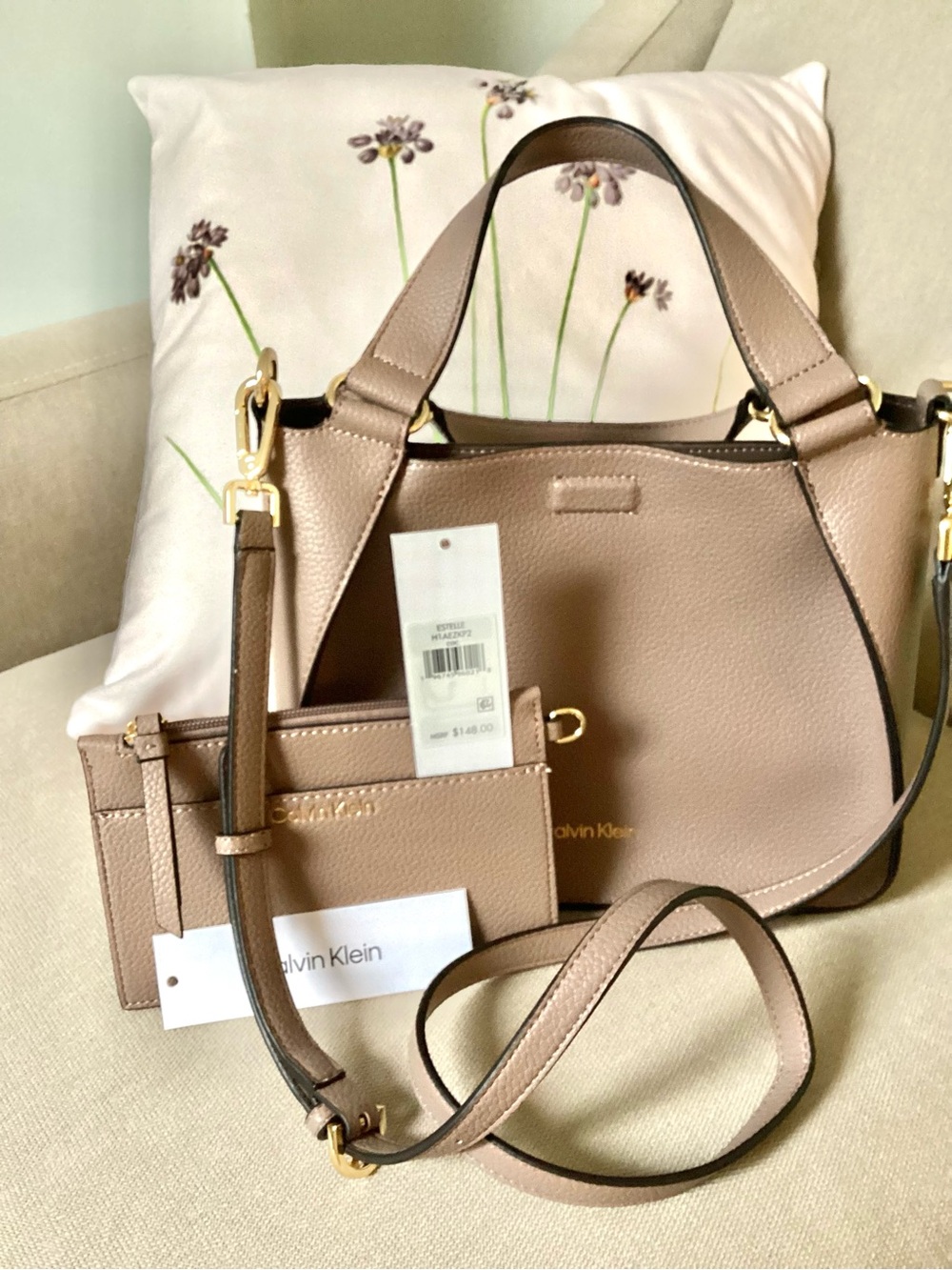 Calvin Klein Taupe Pebbled Vegan Leather Satchel with Wristlet